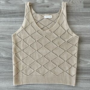 Beige Tan Diamond Eyelet Pattern Knit V-Neck Cropped Neutral Tank Top